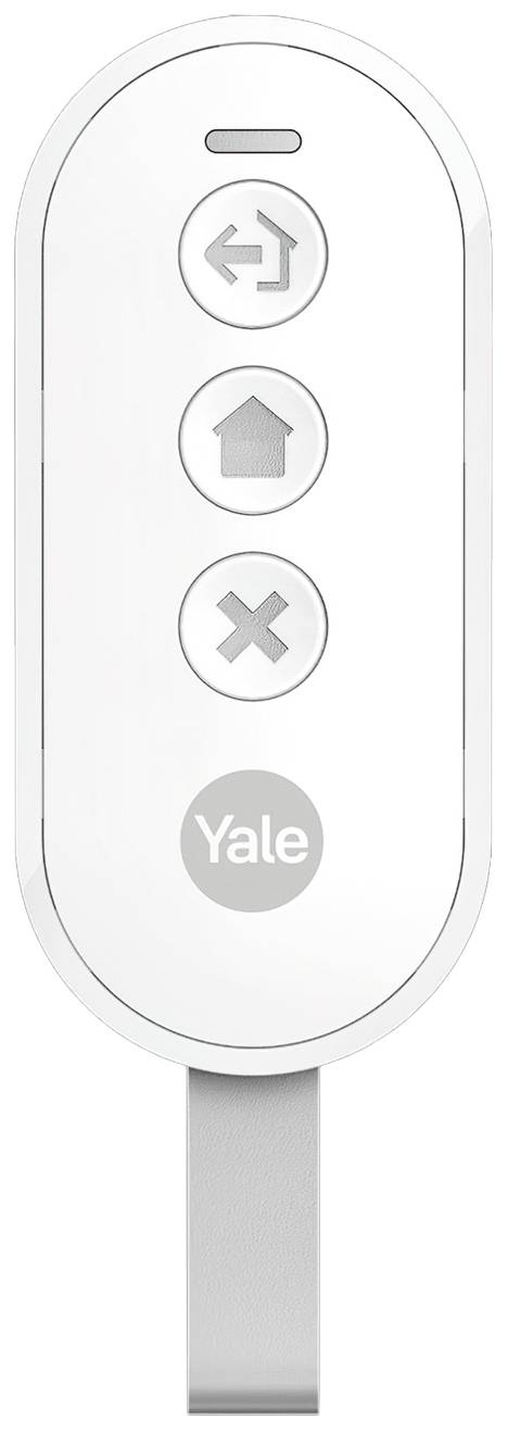 Télécommande à quatre touches : « Retour », « Accueil », « Fermer » et un logo 'Yale'. Utilisée pour le contrôle des appareils.