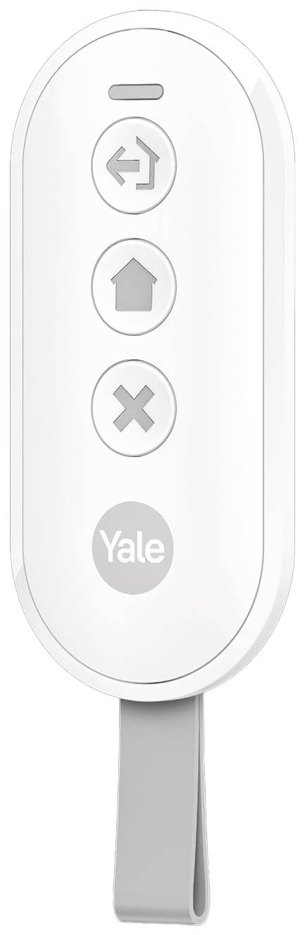 Clé télécommande Yale blanche à quatre boutons, représentée par un symbole de flèche, une maison, un X et un symbole de serrure.