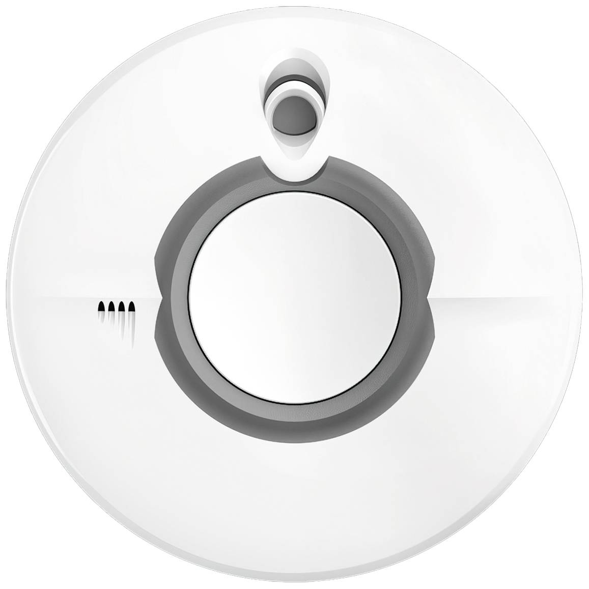 Un détecteur de fumée blanc, rond, avec un capteur central et des fentes de ventilation en haut, conçu pour détecter la fumée à l'intérieur des locaux.