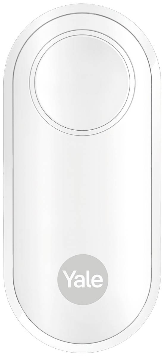 Une sonnette blanche moderne avec un bouton rond sur le dessus, sous lequel se trouve le logo 'Yale'. Elle présente un design minimaliste.