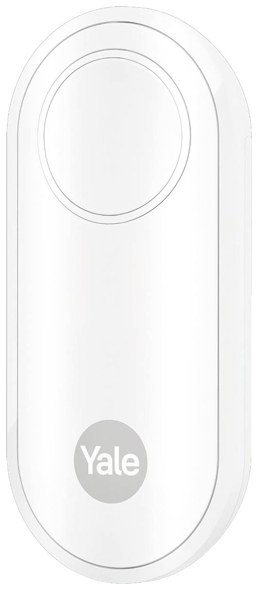 Bouton de porte blanc et ovale, doté d'un mécanisme de rotation circulaire et surélevé, portant l'inscription 'Yale' dans la partie inférieure.