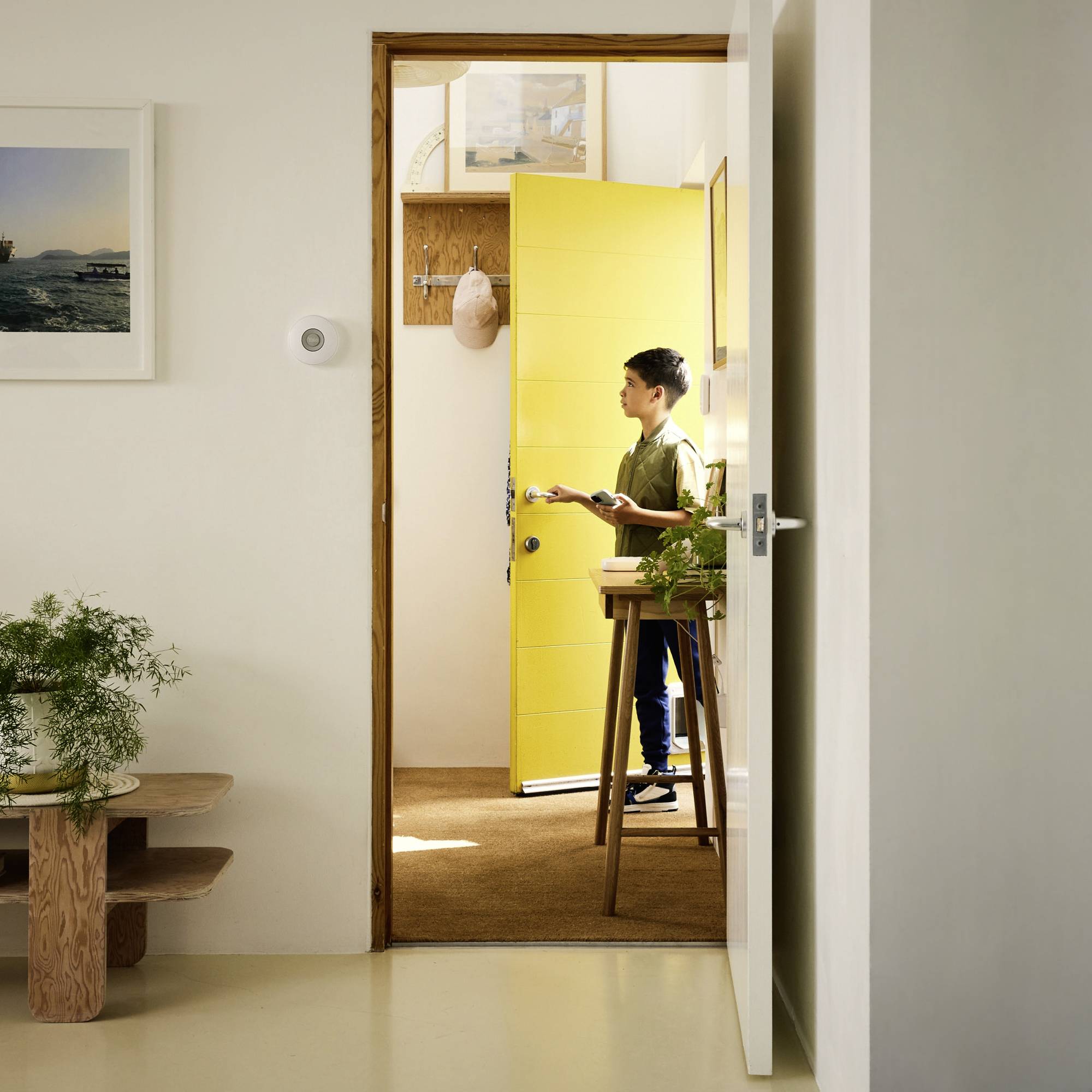 Un garçon se tient dans une porte jaune ouverte, tenant une tablette et regardant dedans. La pièce est bien éclairée, avec des plantes au premier plan.