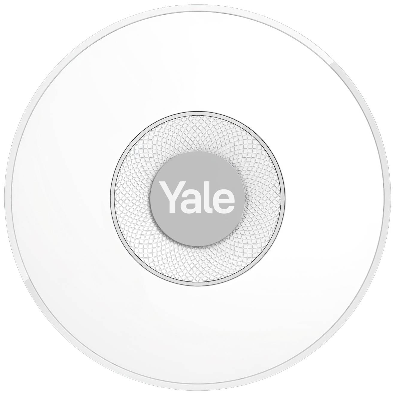 Un détecteur de fumée rond et blanc avec un cercle gris central portant le mot 'Yale'.