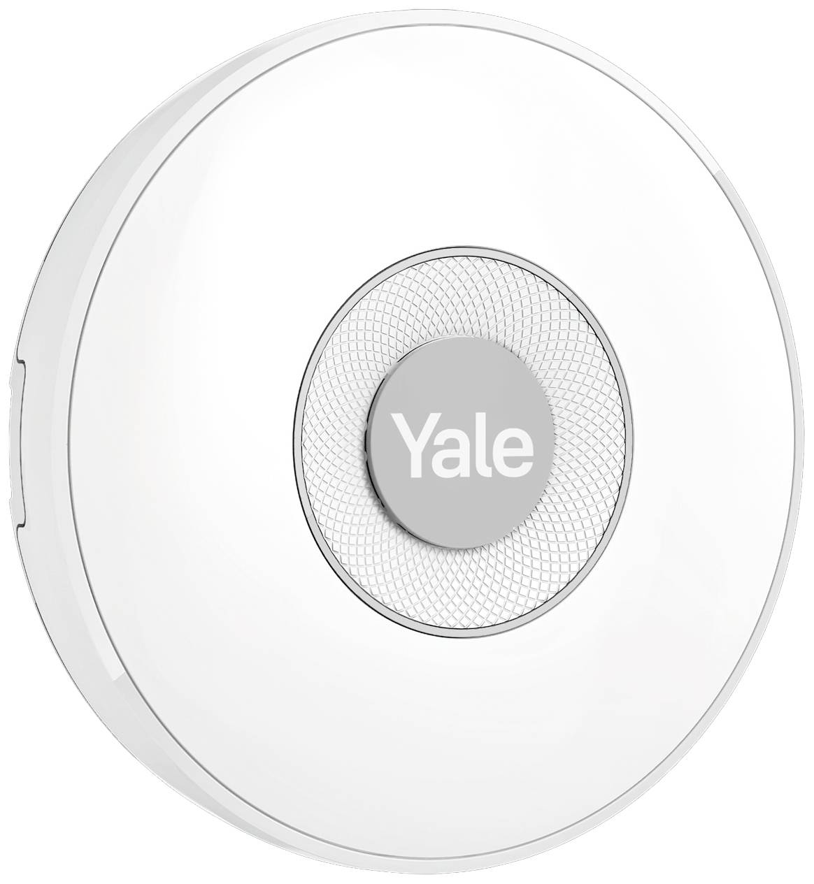 Un détecteur de fumée rond, blanc, avec une zone centrale grise sur laquelle est inscrit « Yale ».