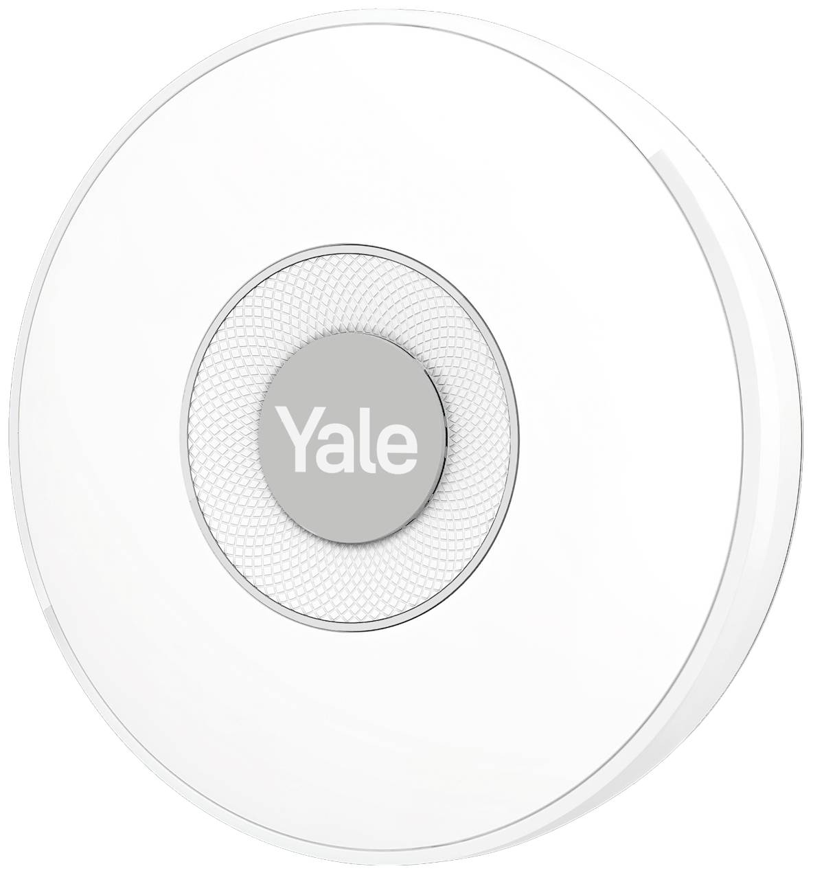 Un capteur domotique blanc et rond avec un cercle gris au centre sur lequel est inscrit 'Yale', adapté pour la surveillance domestique.