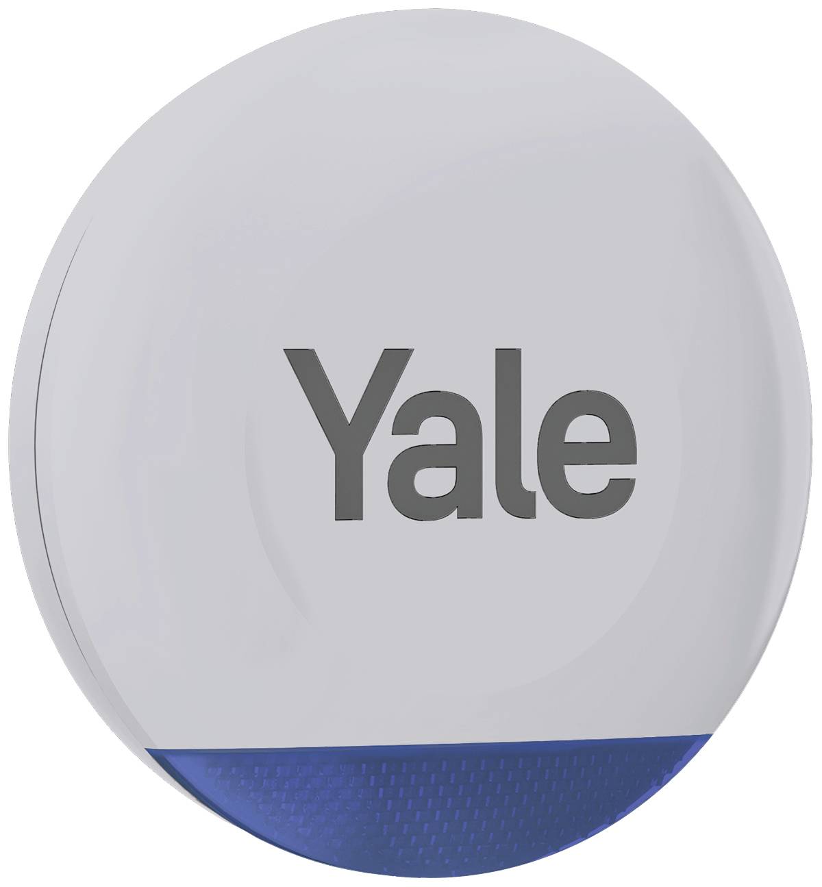 Un système d'alarme rond et blanc avec l'inscription 'Yale' en lettres grises et une section bleue en bas.