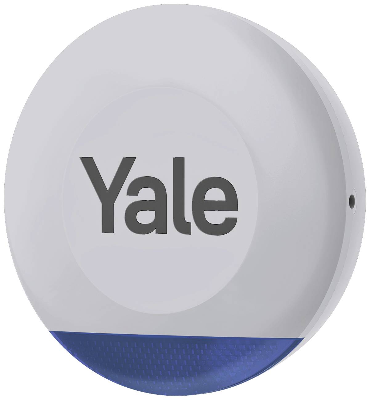 Un boîtier d'alarme rond portant l'inscription 'Yale' au centre et présentant une zone bleue en bas.