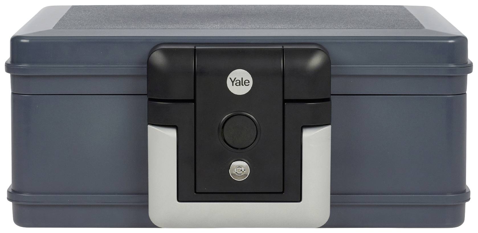 Une boîte de sécurité grise fermée, de forme rectangulaire, avec un verrou noir et le logo « Yale » au centre.