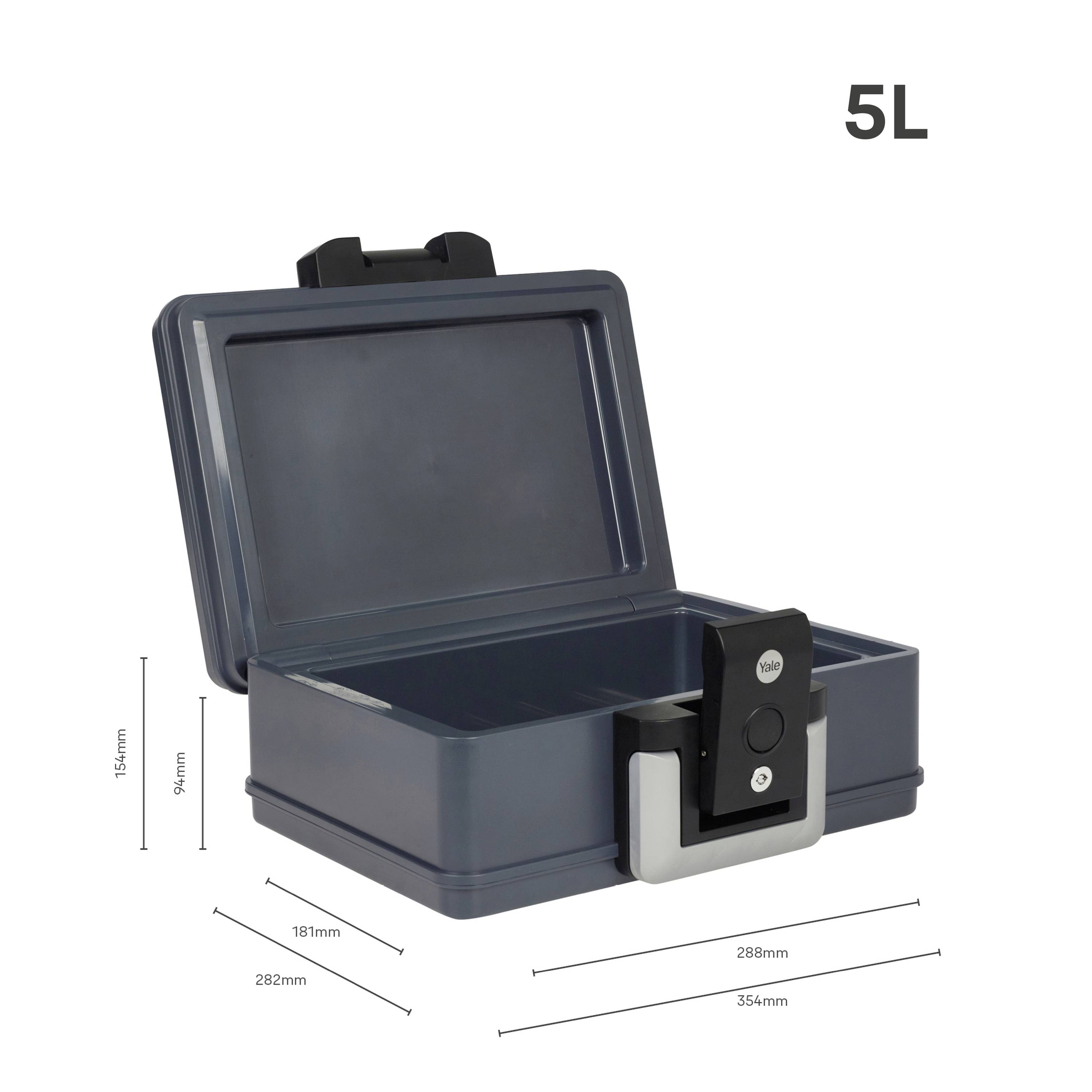Boîte bleu foncé ouverte avec un cadenas à combinaison ; volume indiqué de 5 litres. Dimensions extérieures : 354x282x154 mm, dimensions intérieures : 288x191x81 mm.