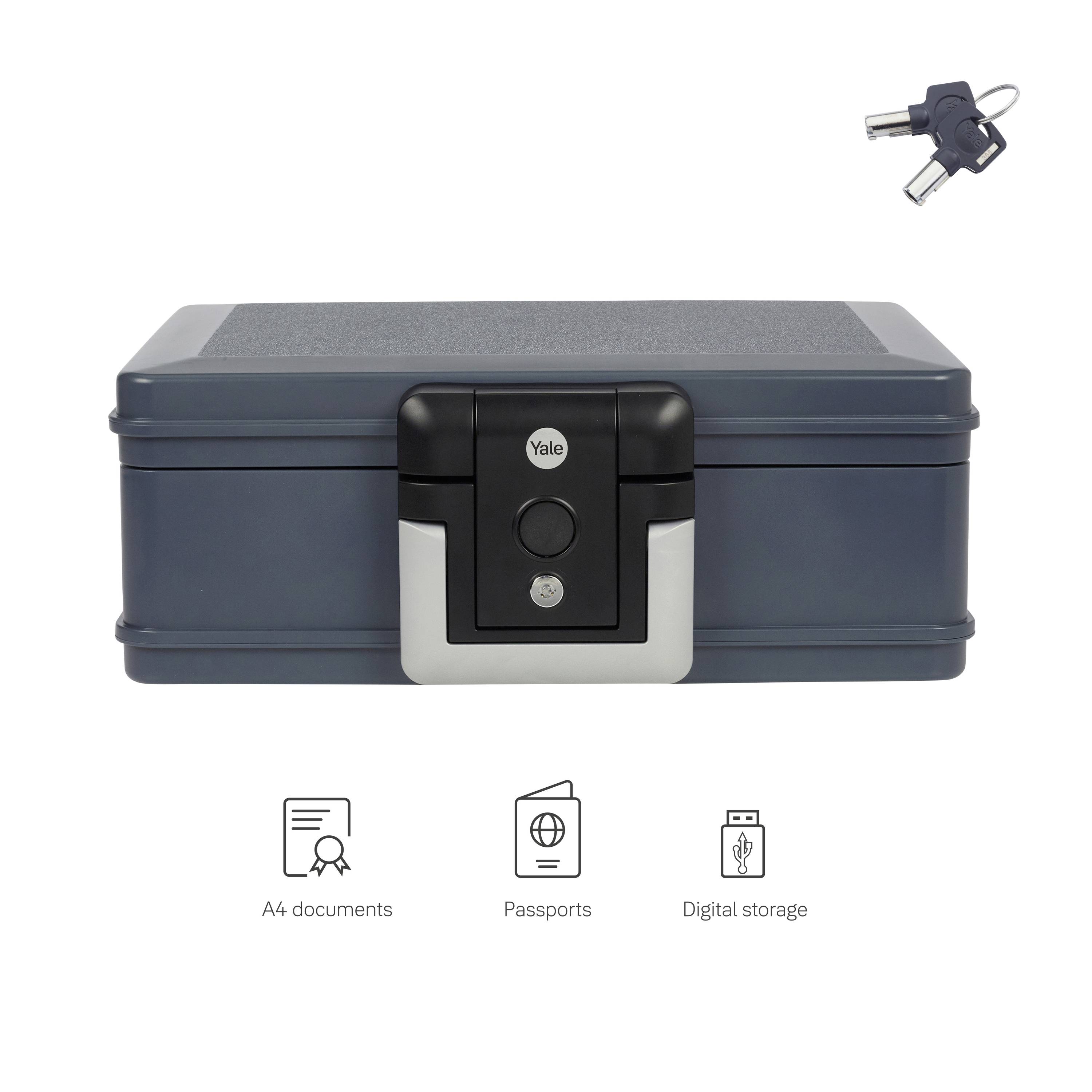 Une boîte grise ignifuge avec un verrou Yale, deux clés en haut à droite. Symboles en dessous : documents A4, passeports, stockage numérique.