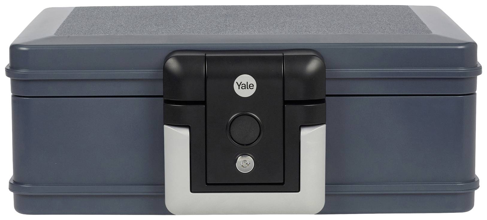 Un coffre-fort gris avec un verrou noir et une poignée argentée. Le logo d'une entreprise de sécurité est visible sur le verrou.