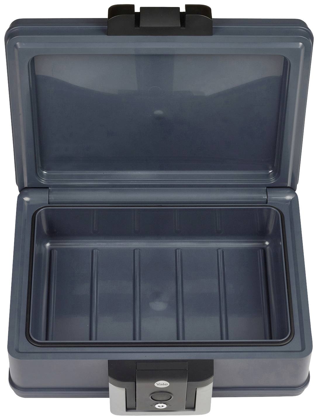 Coffre-fort gris ouvert avec un intérieur vide. Le couvercle supérieur est relevé, révélant un fond creusé et strié.