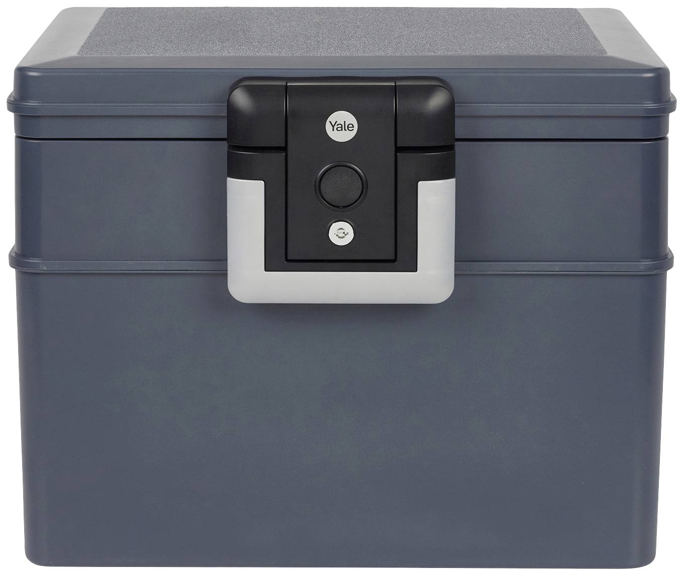 Un coffre-fort gris avec un verrou noir et argenté au centre. Adapté pour le rangement sécurisé d'objets de valeur.