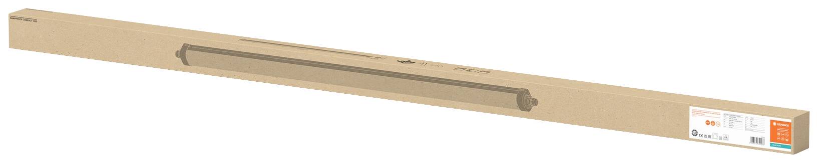 Colis long et rectangulaire avec une illustration d'un profilé lumineux et des informations sur le produit sur une étiquette sur le côté.