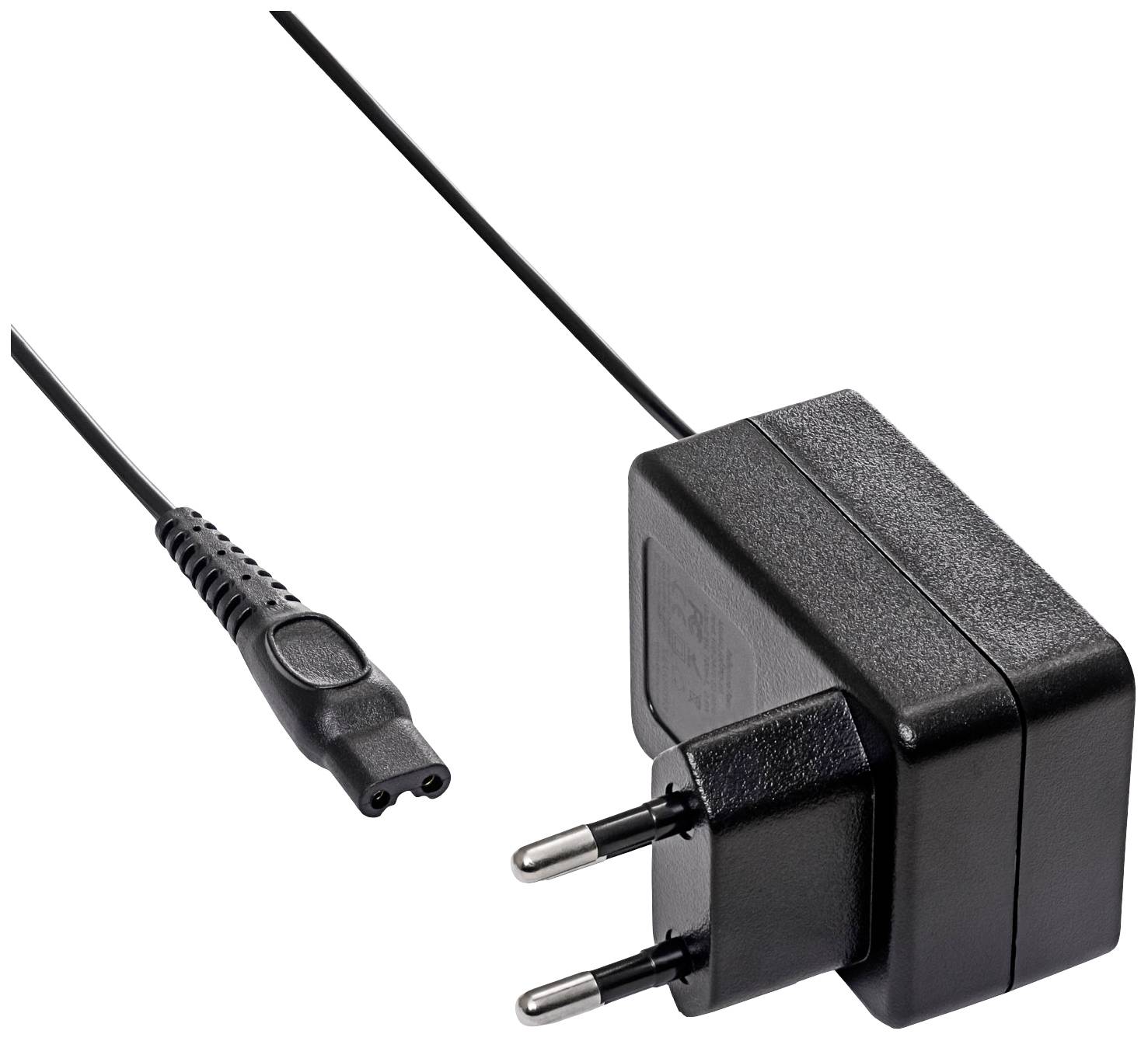 Bloc d'alimentation noir avec fiche et câble, adapté aux prises électriques européennes, présentant une unité d'alimentation typique pour appareils électroniques.