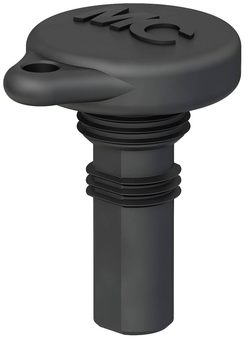 Bouchon à vis en plastique noir avec oreillettes, joint d'étanchéité et tige striée, avec boucle latérale, utilisé pour la fermeture.