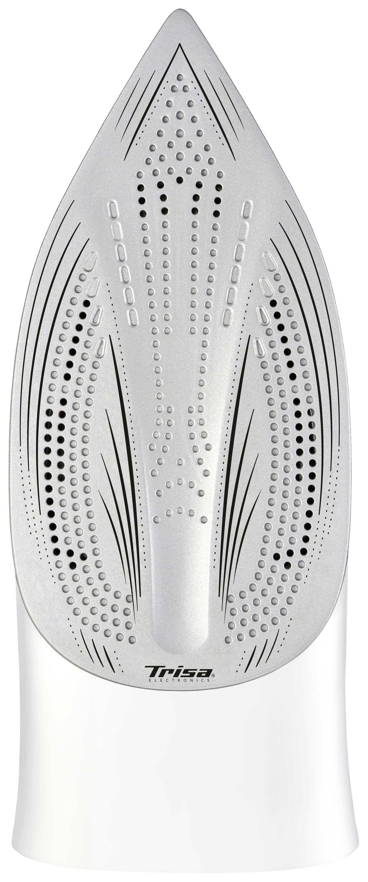 Un fer à repasser à vapeur en gros plan, montrant les motifs de trous de la semelle.