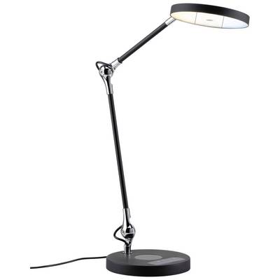 Lampe de bureau moderne noire avec bras ajustable et abat-jour rond, reposant sur un socle circulaire avec câble d'alimentation.