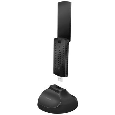 Clé USB avec double bras d'antenne relevé, argent et noir, reposant sur une base ronde avec port USB.