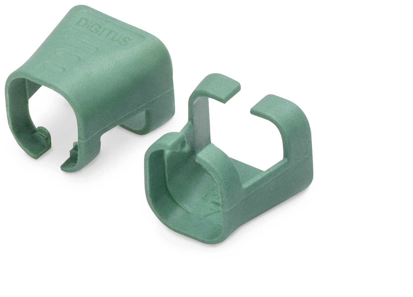 Deux protecteurs rectangulaires verts en plastique pour fiches RJ-45. Ils aident à protéger les extrémités de câbles contre les dommages.