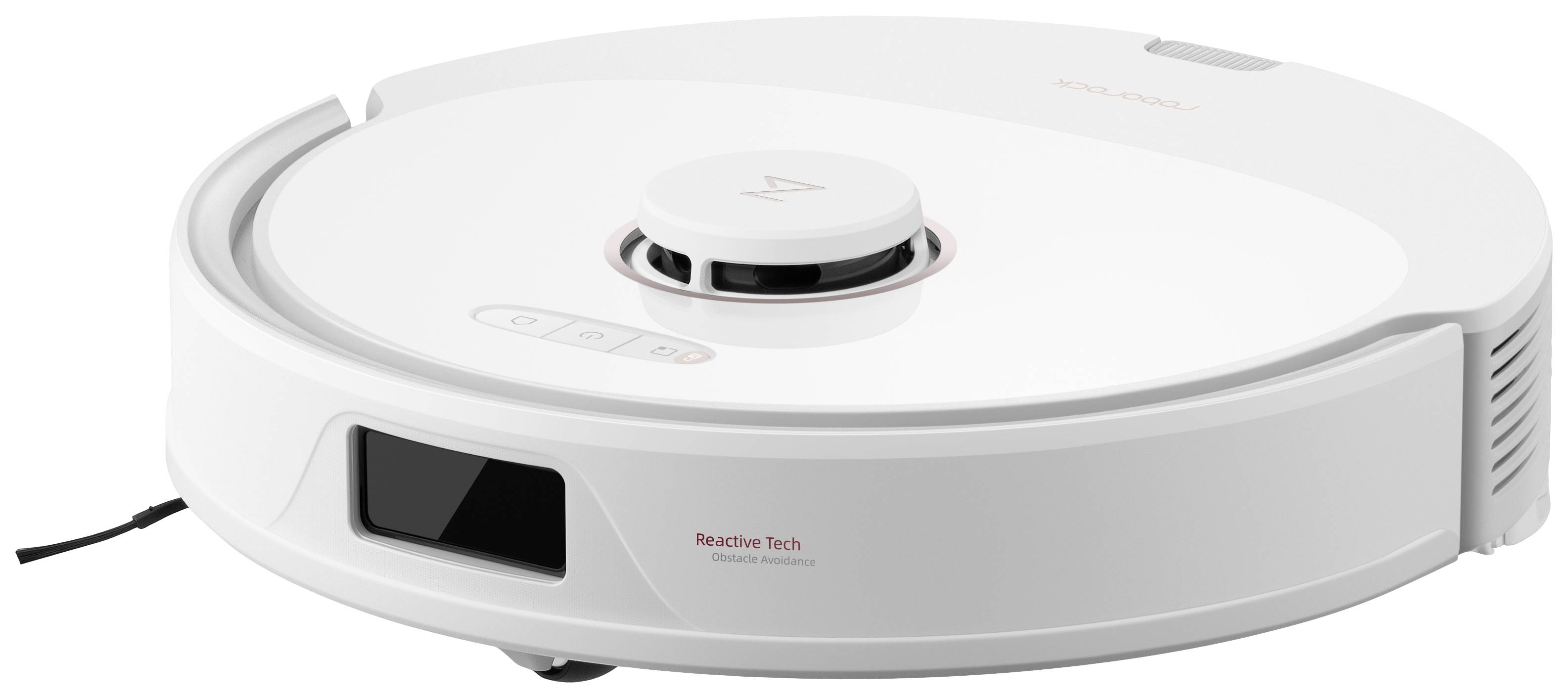 Un robot aspirateur blanc de forme ronde avec un capteur central. Inscription 'Reactive Tech'. Utilisé pour le nettoyage des sols.