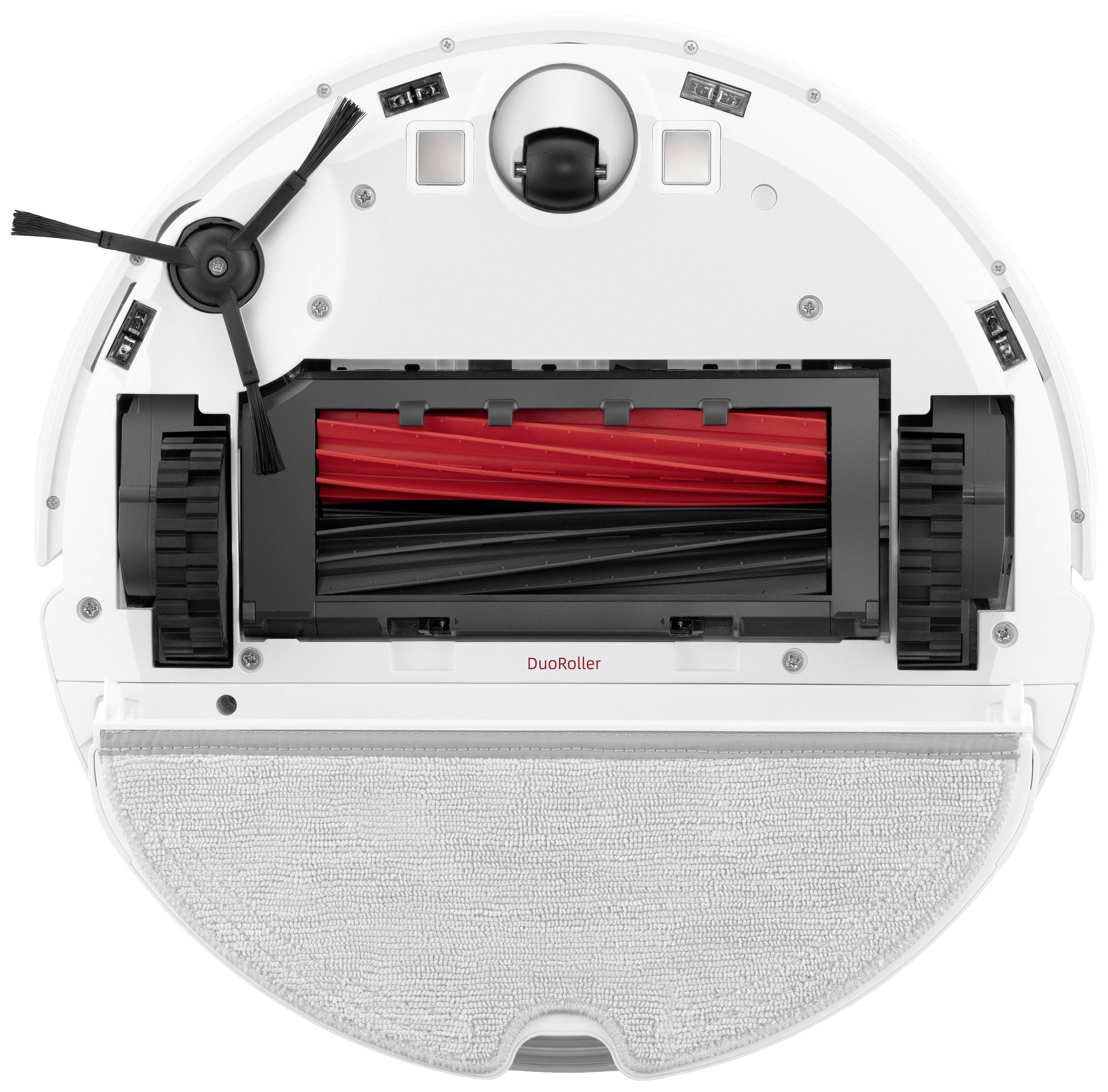 Vue du dessous d'un robot aspirateur blanc avec des brosses rouges et un chiffon de nettoyage gris.