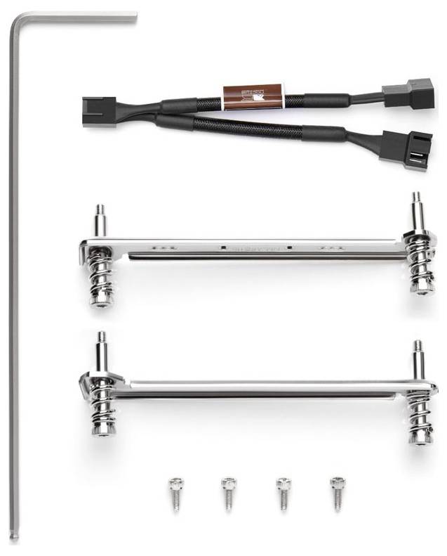 Un kit de montage pour composants informatiques ou de refroidissement, comprenant deux supports métalliques, une longue clé hexagonale, des vis et des câbles.
