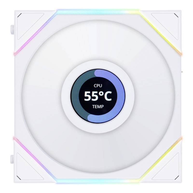 Ventilateur d'ordinateur rond avec affichage numérique indiquant 'CPU 55°C TEMP'. Façade blanche avec des lumières colorées aux coins.