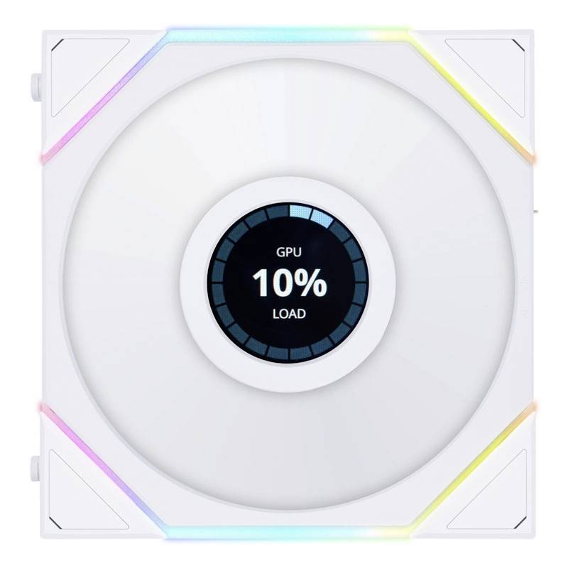 Refroidisseur de carte graphique avec affichage circulaire, indiquant 'GPU 10% CHARGE'. Surface blanche, coins RGB lumineux.