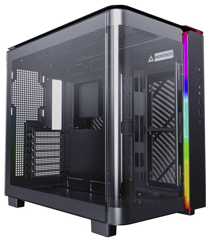 Boîtier d'ordinateur noir avec des parois latérales transparentes, vide à l'intérieur. Il présente des bandes lumineuses RGB dans le coin avant.
