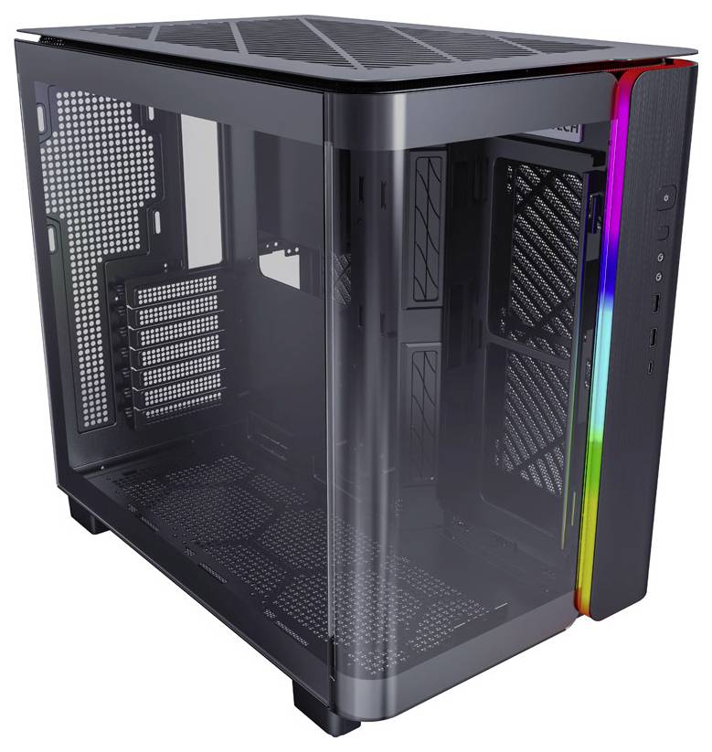 Boîtier d'ordinateur avec panneau latéral transparent et bande LED RVB sur le bord avant. Convient aux projets de construction de PC.