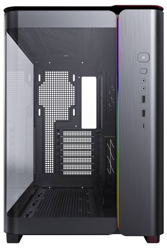 Boîtier d'ordinateur avec panneau latéral transparent, ouvert pour l'installation de composants. Façade du boîtier offrant plusieurs options de connexion.