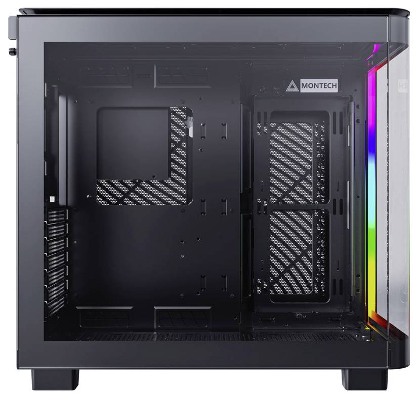 Boîtier d'ordinateur noir vide avec panneau latéral transparent. À l'intérieur à droite, une bande LED RVB verticale est visible.