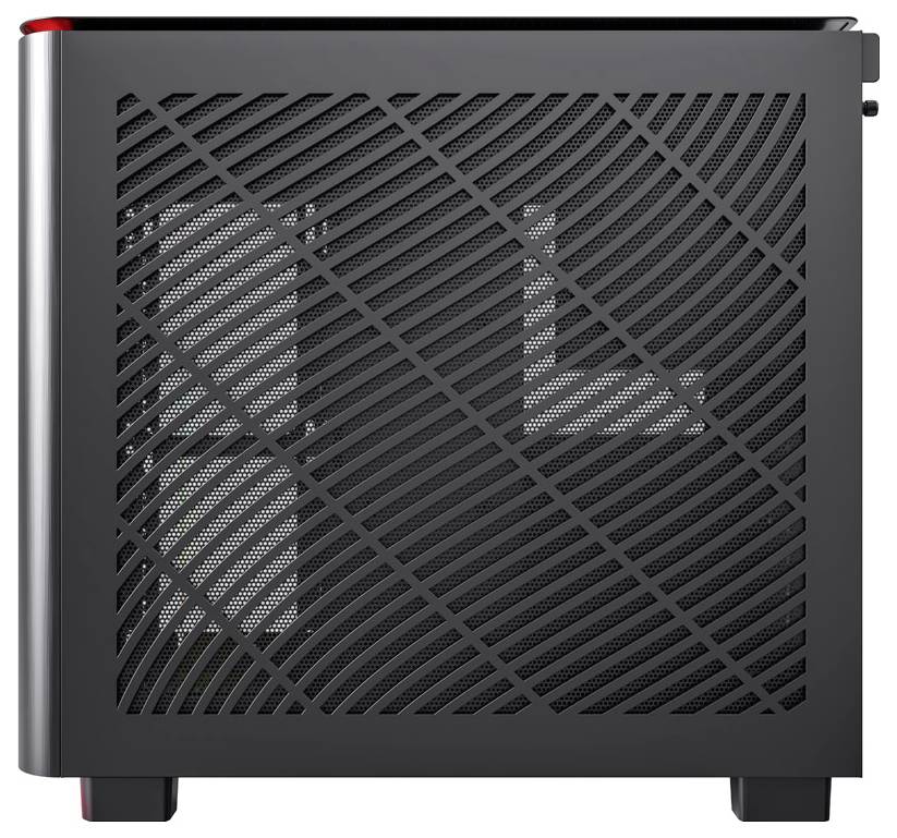 Boîtier d'ordinateur noir avec un design en grille sur le côté. Des ventilateurs et des composants matériels sont partiellement visibles à l'intérieur.