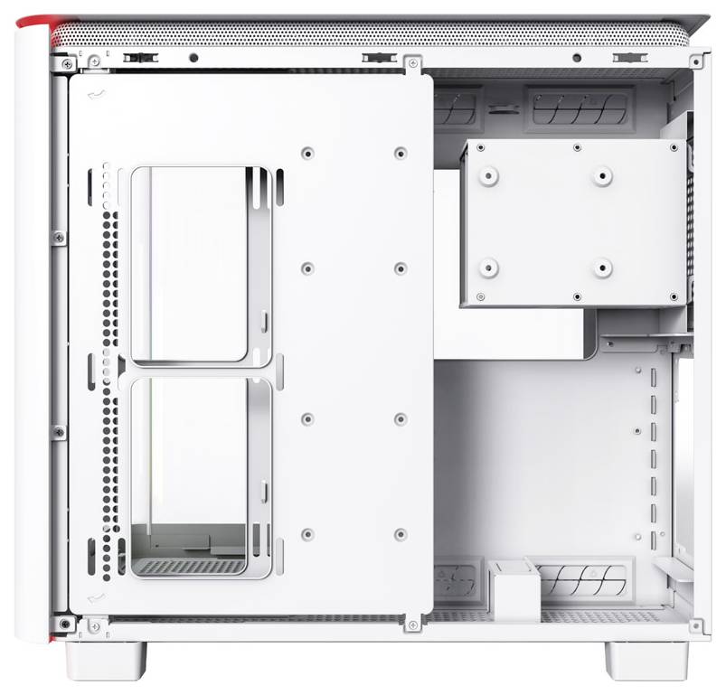 Boîtier d'ordinateur ouvert en blanc, montrant un intérieur spacieux avec des baies pour disques durs de 3,5 pouces, des fentes de ventilation et des emplacements d'extension.