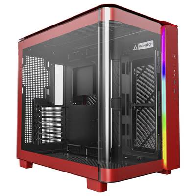 Boîtier PC rouge avec des parois latérales transparentes, montrant l'intérieur avec de l'espace pour les composants matériels. Design modulaire pour une construction personnalisée.