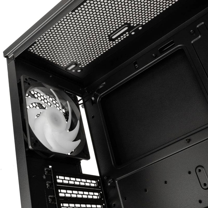 Vue intérieure d'un boîtier d'ordinateur avec ventilateur et grilles de ventilation, offrant de l'espace pour l'installation de composants et la circulation de l'air.