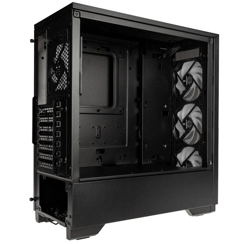 Boîtier d'ordinateur noir sans composants, montrant une vue latérale ouverte avec plusieurs ventilateurs sur la paroi droite.