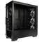 Boîtier d'ordinateur noir sans composants, montrant une vue latérale ouverte avec plusieurs ventilateurs sur la paroi droite.
