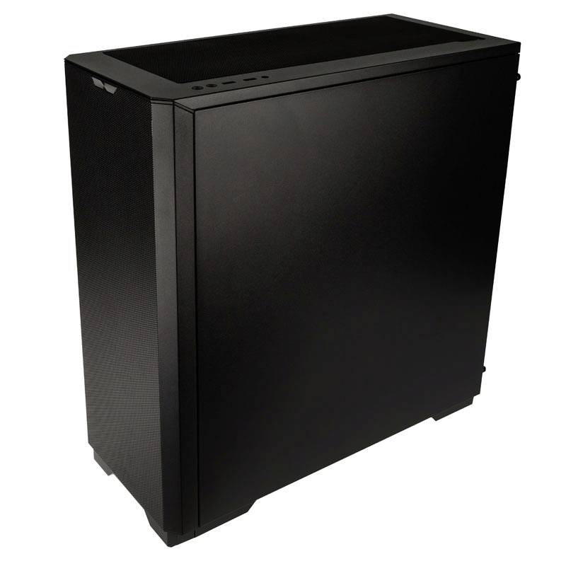 Boîtier d'ordinateur noir au design épuré, à forme rectangulaire et doté de plusieurs ports en façade supérieure. Idéal pour les configurations de gaming.