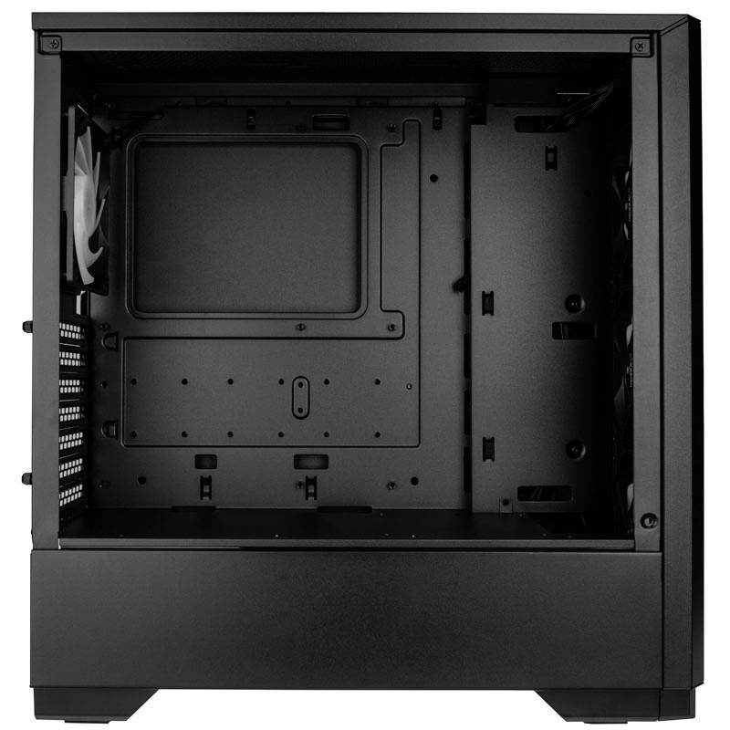 Boîtier d'ordinateur noir, espace intérieur vide sans composants, montrant l'emplacement pour la carte mère, les disques durs et le montage des ventilateurs.