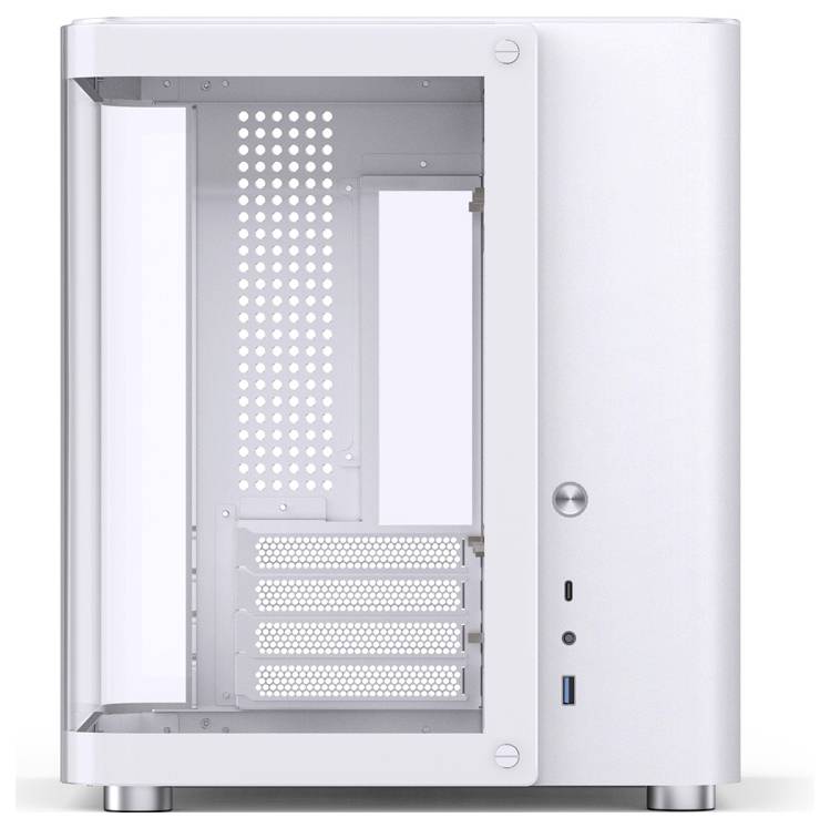 Un boîtier PC argenté avec une fenêtre latérale transparente, trois emplacements PCI libres et des ports USB à l'avant.