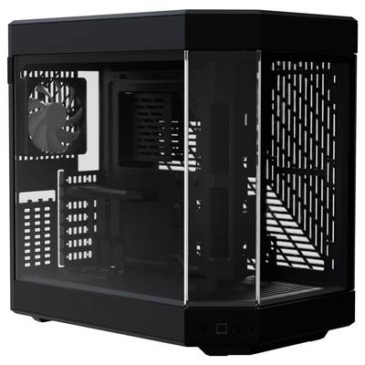 Un boîtier PC noir avec façade en verre, montrant la ventilation interne et l'espace pour les composants matériels. Idéal pour une ventilation efficace et une présentation soignée.