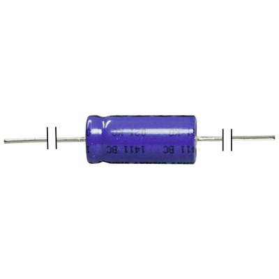 Condensateur cylindrique bleu avec deux fils de connexion aux extrémités. Inscription : '1411' et 'BC'. Adapté pour les circuits électroniques.