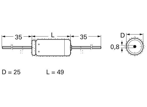 Dessin technique d'un composant cylindrique avec dimensions : longueur 49 mm, diamètre 25 mm, diamètre du fil 0,8 mm.