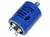 Condensateur cylindrique bleu avec deux broches de connexion et inscription.