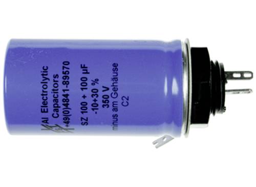 Condensateur électrolytique bleu avec inscription imprimée : 'Condensateurs électrolytiques Al', numéro de série, capacité 100 µF, 350 V.