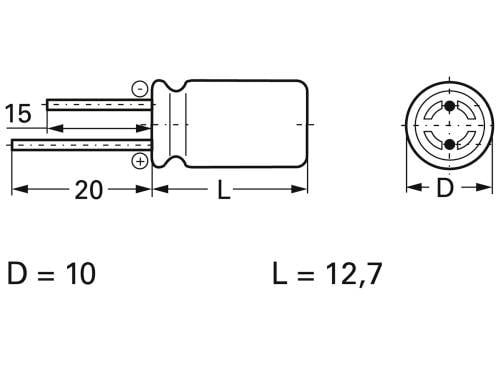 'Dessin d'un condensateur cylindrique : longueur 12,7 mm, diamètre 10 mm. Deux bornes, une positive, une négative.'