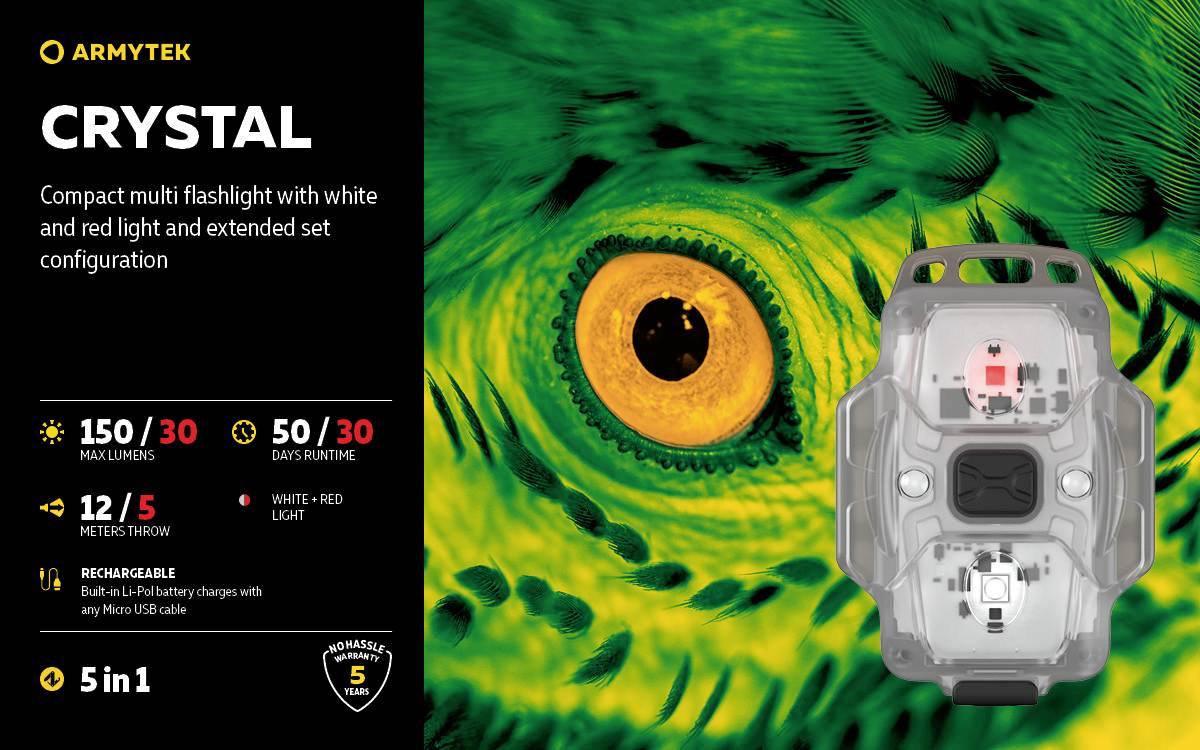 'ARMYTEK CRYSTAL : Lampe de poche compacte multifonction avec lumière blanche et rouge. 150/30 lumens, autonomie de 50/30 jours, portée de 12/5 mètres.' Sur fond vert avec un œil lumineux.