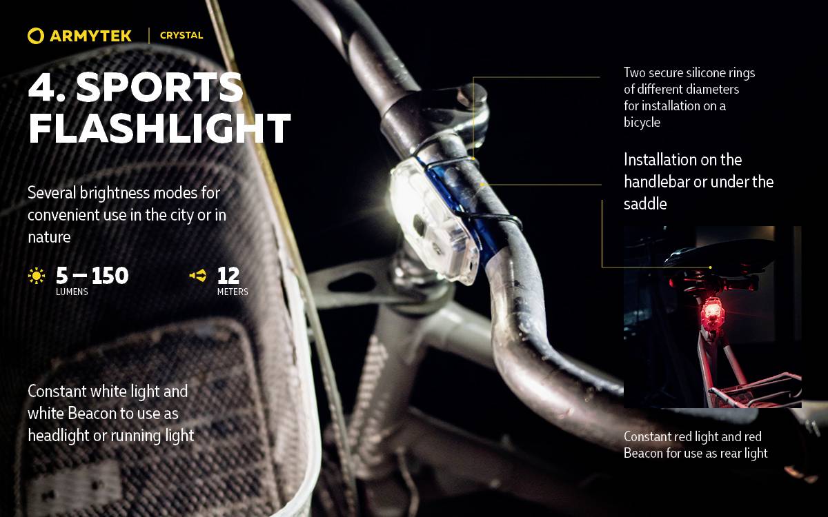 Annonce pour une lampe de poche sportive avec différents modes de luminosité, adaptée à l'installation sur vélo. Éclairage jusqu'à 150 lumens, portée de 12 mètres. Utilisable comme éclairage avant ou arrière.